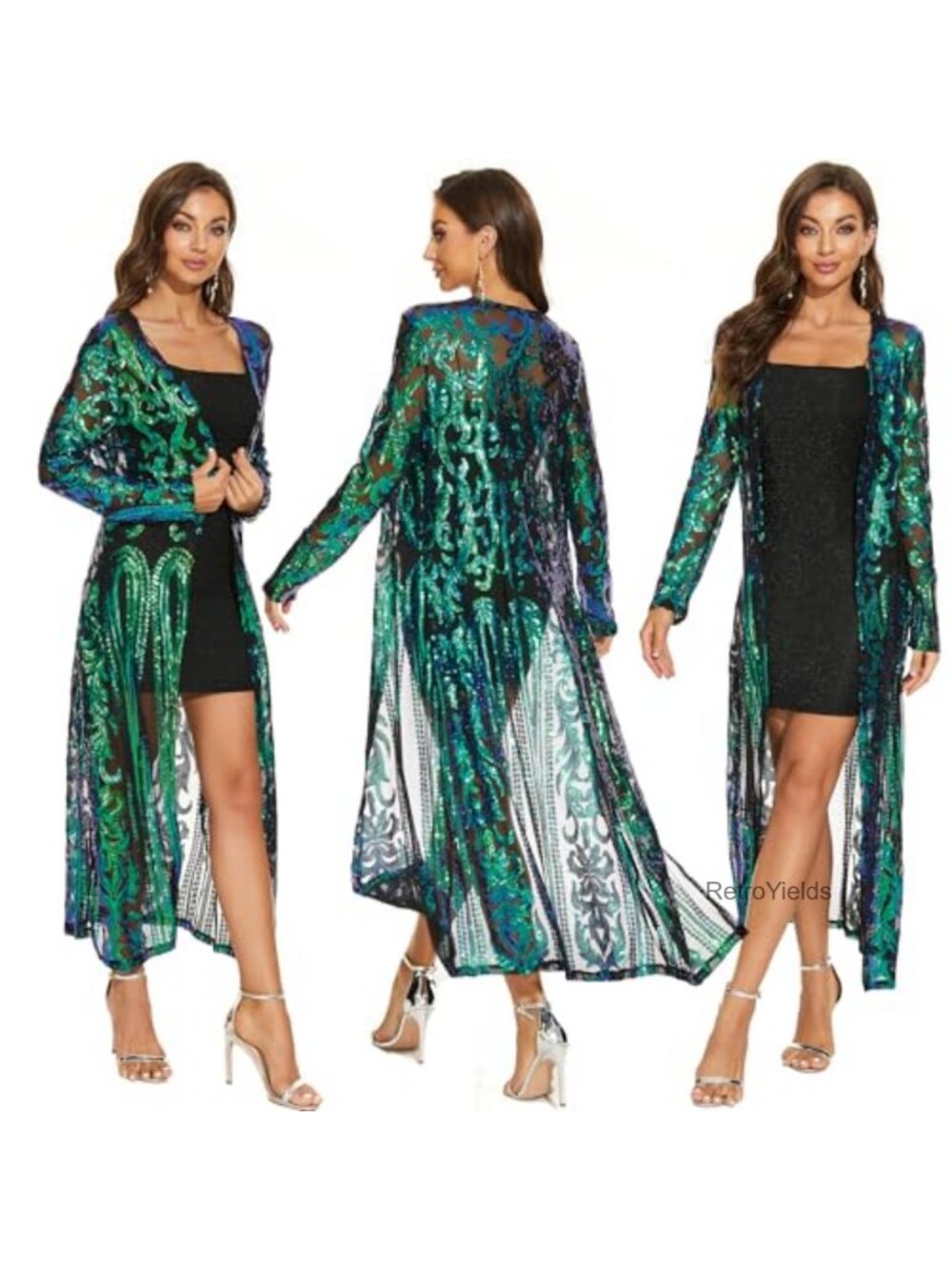 Sequin Open Front Duster Cardigan Lightweight Mesh Long Sleeve